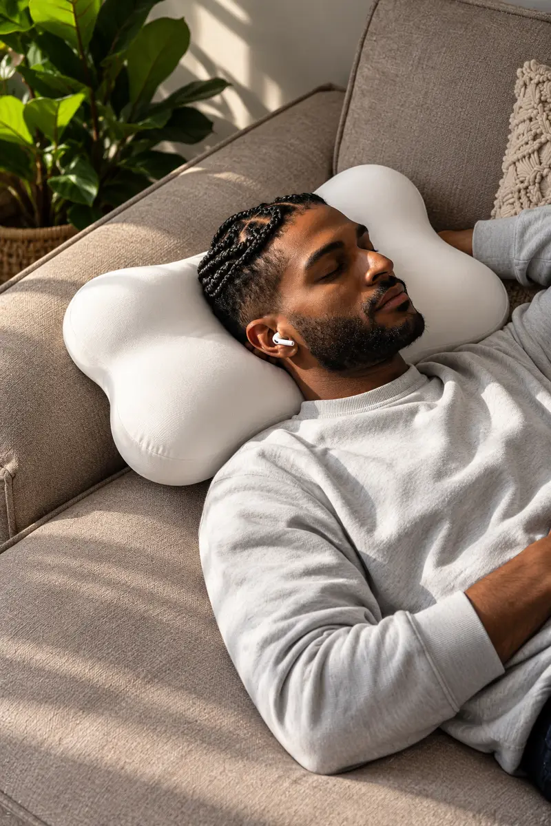 Sunlit sofa nap with the CloudAlign Pillow